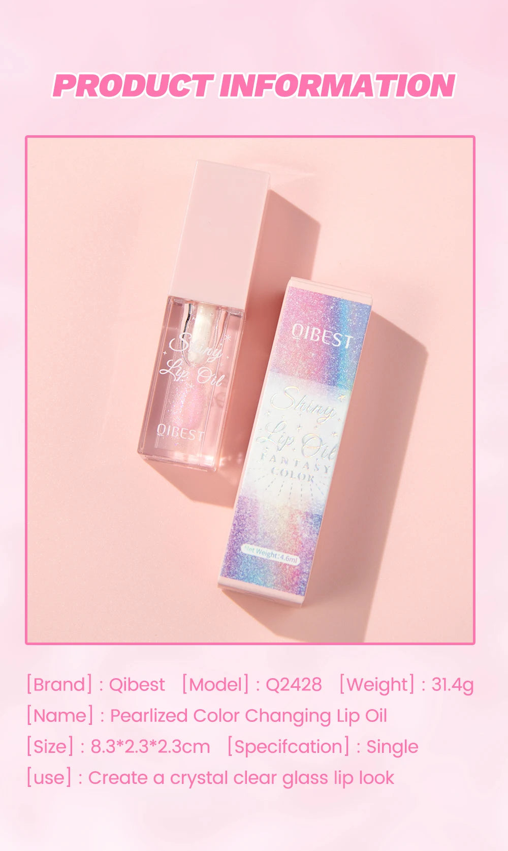 Pearlescent Pink Glitter Lip Oil